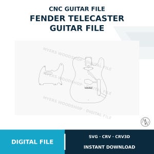 Może przedstawiać: Cyfrowy plik CNC do gitary Fender Telecaster, przedstawiający biały rysunek liniowy korpusu gitary i maskownicy na jasnym tle. Tekst zawiera napisy CNC GUITAR FILE, FENDER TELECASTER GUITAR FILE, MYERS WOODSHOP oraz DIGITAL FILE.