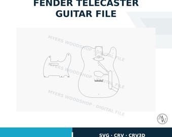 以下が含まれることがあります： Fender Telecaster用CNCギターデジタルファイル。明るい背景にギターボディとピックガードの白い線画が描かれています。テキストには「CNC GUITAR FILE」「FENDER TELECASTER GUITAR FILE」「MYERS WOODSHOP」「DIGITAL FILE」と記載されています。