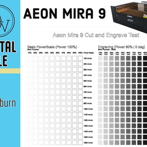 May include: Aeon Mira 9 laser cutter engraving and cutting test chart. The chart shows the results of engraving on birch plywood at different power levels and speeds. The chart is labelled with the power level, speed, and measurement in millimetres.