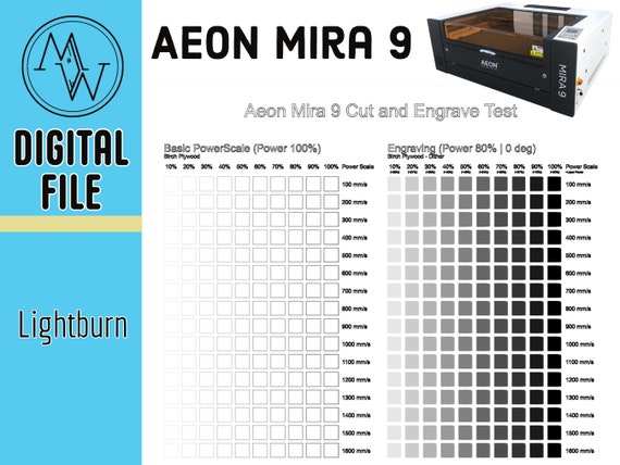 Aeon Laser Mira 9 Lightburn Cut And Engrave Test! Test Speed and Power On  New Material! Premade! Easy to use! One click download. Digital