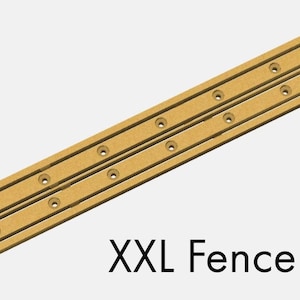 May include: A wooden fence panel with a brown finish and multiple holes for mounting. The panel is labelled "XXL Fence Size".