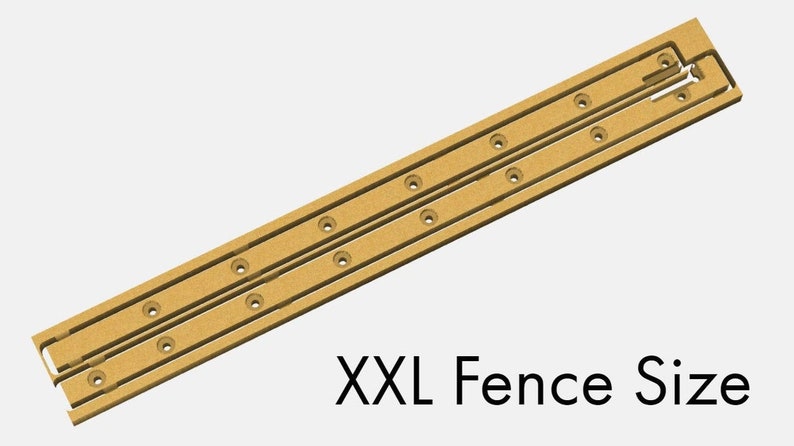 May include: A wooden fence panel with a brown finish and multiple holes for mounting. The panel is labelled "XXL Fence Size".