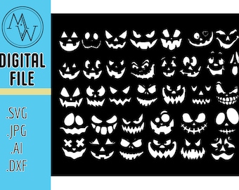 34 Halloween Pumpkin Faces, Jack O Lantern Faces, Pumpkin Face Bundle, SVG, PNG, dfx, AI, for cnc, Cricket, Silhouette, Laser, Digital File