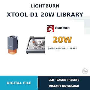 Könnte beinhalten: Eine digitale Datei für eine LightBurn xTool D1 20W Dioden-Materialbibliothek. Das Bild zeigt den Text LIGHTBURN XTOOL D1 20W LIBRARY, das LightBurn-Logo, ein 20W-Lasermodul und eine xTool-Lasermaschine beim Gravieren eines Adlers.