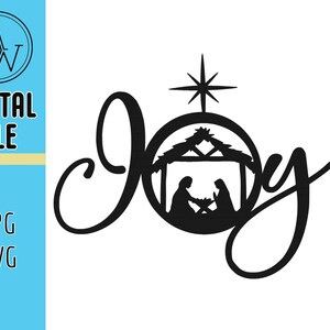 May include: Black and white silhouette design of the word "Joy" with a star and a nativity scene inside a circle.