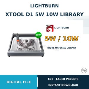 Puede incluir: Un archivo digital para la biblioteca LightBurn XTool D1 5W 10W con ajustes preestablecidos de láser. La imagen muestra una máquina láser XTool D1 grabando un águila en una placa metálica, con textos como LightBurn, 5W, 10W y Diode Material Library.