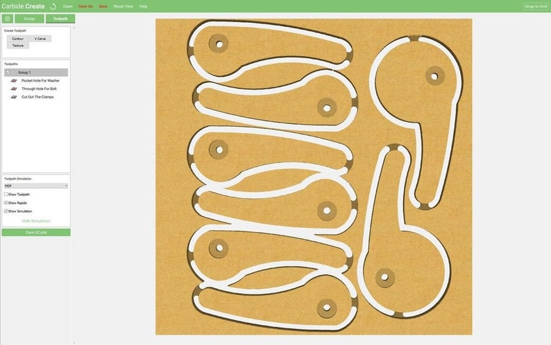 May include: A digital design for a set of 7 laser cut pocket knife parts. The design is shown on a brown background with white lines outlining the parts. The parts include a blade, a handle, and a spring.
