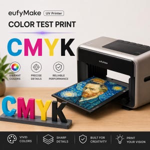 Könnte beinhalten: Ein silberner und schwarzer eufyMake UV-Drucker, der einen Farbtesterdruck eines Gemäldes druckt. Der Druck zeigt ein Porträt eines Mannes mit Bart. Die Wörter "COLOR TEST PRINT" und "CMYK" sind sichtbar.