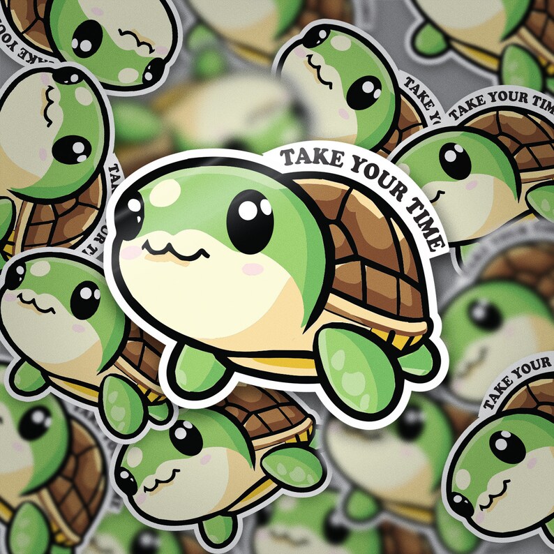May include: A green cartoon turtle with a brown shell and the text "Take Your Time" on its shell. The turtle has big eyes and a cute expression. The background is a blurry image of other turtles with the same design.