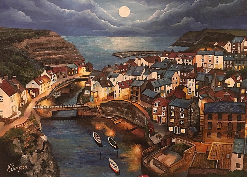 Moonlight in Staithes Hand Finished Fine Art Giclee Print image 1