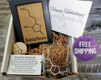 Bourbon Gift Box Includes a Bourbon Glass, Bourbon Magnet, and Bourbon Molecule Wall Art - Unique Bourbon Gift Set - Chemistry Gifts