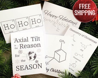 Set of 5 Science Themed Holiday Cards, Science Holiday Cards, Science Christmas Card, Chemistry Holiday Card, Chemistry Christmas Card Pack