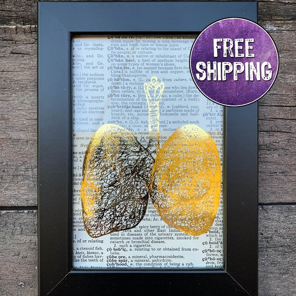 Gold Foil Lungs Framed Vintage Dictionary Page, Brain Drawing, Teacher Gift, Science Teacher Gift, Classroom Decor, Back to school gift