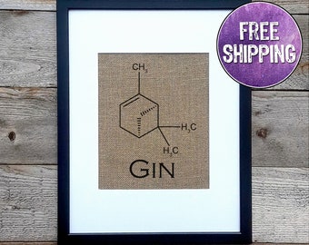 Gin Molecule Burlap Wall Art – Science Print for Gin Lovers & Home Bar Decor Gift