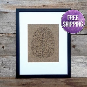 Brain Drawing On Burlap- Brain Anatomy Art Print - Brain Anatomy Gift For Neurologist - Medical Office Decor