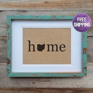 Ohio &quot;Home&quot; Decor On Burlap - Ohio Wall Art For The Proud Ohioan - Ohio Decor Gift For A Housewarming - Ohio State Wall Print