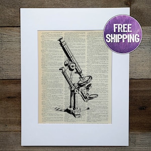 May include: A black and white illustration of a vintage microscope on a page from an old dictionary. The microscope is in focus and the dictionary text is blurred in the background.
