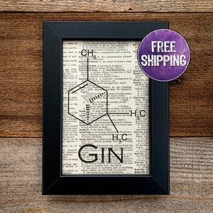 Gin Molecule Framed Vintage Dictionary Print, Gift For Gin Lover, Bar Sign, Gin And Tonic, Gin Gifts, Gin Print, Chemistry Gift, Gin Lover