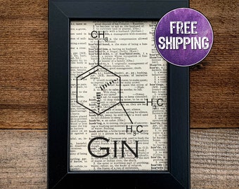 Gin Molecule Framed Vintage Dictionary Print, Gift For Gin Lover, Bar Sign, Gin And Tonic, Gin Gifts, Gin Print, Chemistry Gift, Gin Lover