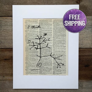 May include: A black and white print of a tree drawn on a vintage dictionary page. The tree is drawn with thick lines and has several branches. The text on the page is visible and includes the word "very" and the phrase "I think".