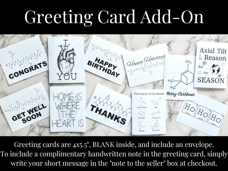 Greeting card Add-on graphic. The cards are 4 x 5.5, blank inside, and include an envelope. A complimentary handwritten note is available, simple write your short message in the note to seller box at checkout.