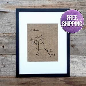 May include: A framed print of a hand-drawn tree on burlap fabric. The tree is labeled with letters and the words "I think".