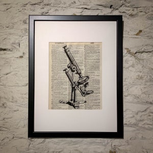 May include: A black and white illustration of a vintage microscope on a page from an old dictionary. The dictionary page includes the words "metropolitan" and "niche".