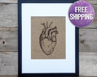 Anatomical Heart Burlap Print - Rustic Science Wall Art, Gift for Biology Lovers & Students