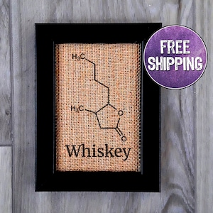 FRAMED Whiskey Molecule Print On Burlap - Whiskey Gift For Whiskey Lovers -  Bourbon Whiskey Sign - Whiskey Wall Art - Whiskey Decor