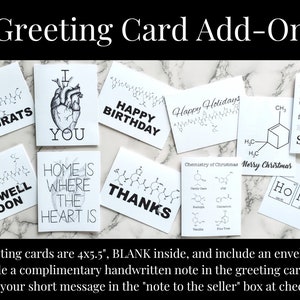 Greeting card Add-on graphic. The cards are 4 x 5.5, blank inside, and include an envelope. A complimentary handwritten note is available, simple write your short message in the note to seller box at checkout.