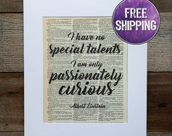 Albert Einstein - Passionately Curious - Vintage Dictionary Print, Science Gift, Geek Gift, Inspirational Quotes, Science Wall Art