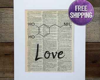 Love Molecule Vintage Dictionary Page , Dopamine Print, Love Sign, Love Art, Chemistry Gift, Dopamine Sign, Love Poster, Molecule Wall Art