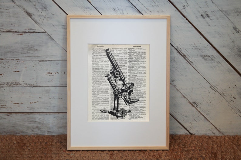 May include: A black and white illustration of an antique microscope printed on a vintage book page. The image is framed in a light wood frame.