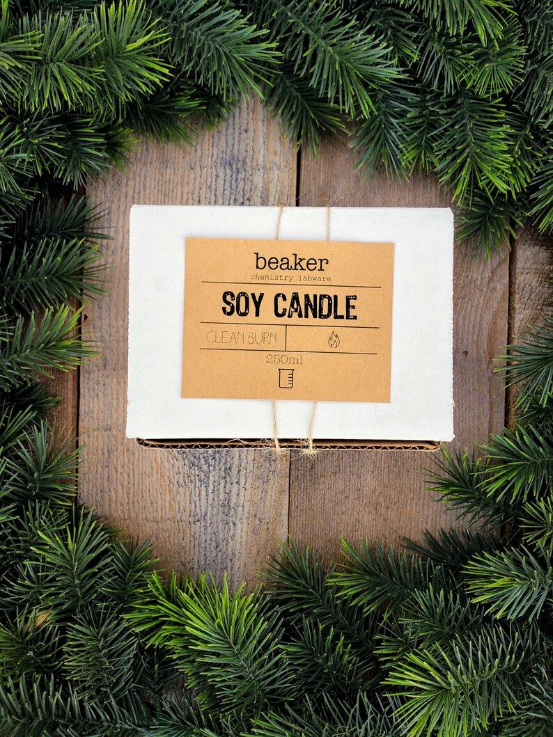 K&ouml;nnte beinhalten: Eine wei&szlig;e Box mit einem braunen Etikett mit der Aufschrift "Soy Candle" und "Clean Burn". Die Box ist mit Bindfaden verschn&uuml;rt und von gr&uuml;nen Kiefernzweigen umgeben, vor einem Holzgrund. Die Kerze ist 250 ml.