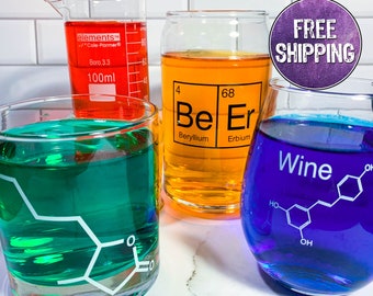 Science Themed Bar Glassware Set With Gift Box, Chemistry Glassware Set For Home Bar, Science Gifts, Science Glasses Gift Set For Bar Cart