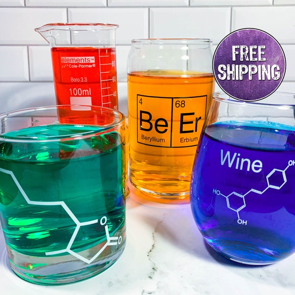 Science Themed Bar Glassware Set With Gift Box, Chemistry Glassware Set For Home Bar, Science Gifts, Science Glasses Gift Set For Bar Cart