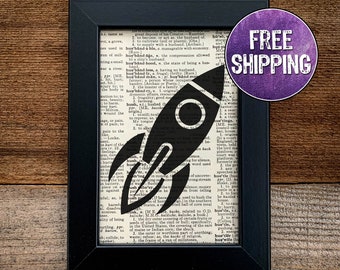 Rocket Vintage Framed Dictionary Print, Rocket Ship, Spaceship Art, Space Wall Art, Nursery Decor, Science Gift, Outerspace Decor, Moon