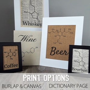 May include: Four framed prints of chemical structures for whiskey, wine, beer, and bourbon. The prints are available in two sizes: 4x6 inches and 8x10 inches. The prints are available on burlap and canvas, as well as dictionary page.