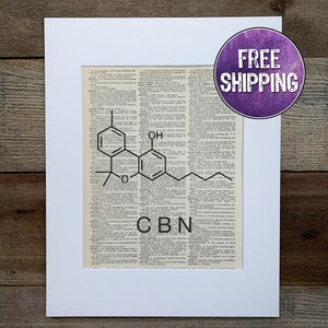 May include: A vintage dictionary page with a chemical structure diagram and the text "CBN" printed in black. The page is yellowed with age and has a distressed look.