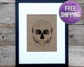 Human Skull Drawing On Burlap - Unique Anatomy Art For Skull Home Decor - Human Skull Wall Art - Human Anatomy Medical Illustration