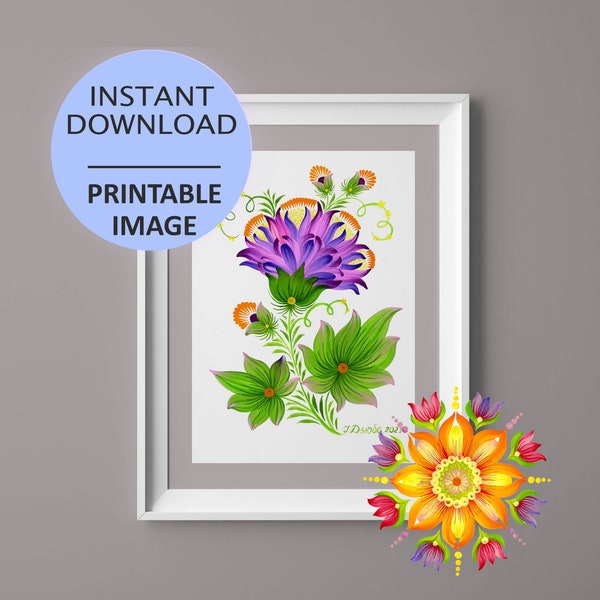 Printable Cornflower Petrykivka art. Original Flower Painting Ukraine Instant Digital Download, Ukrainian shops for print postcard shopper