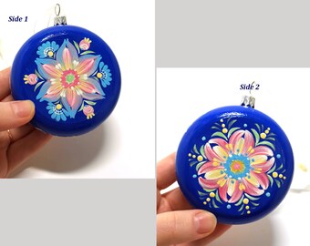 Hand painted Christmas Ornament. Toy for Christmas tree. Folk flowers medallion. Petrykivka Christmas toys. New Year decoration.