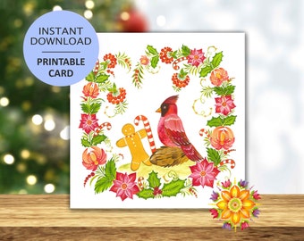 Printable Christmas Card, Ukrainian Art, Digital Christmas Card, Holidays Greetings, Instant Download Card, 5.25x5.25 PDF JPG