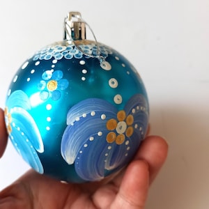 Gold Blue Christmas Ornament Hand Painted with flower. Ukraine Folk Art. Original Xmas Gifts Decoration