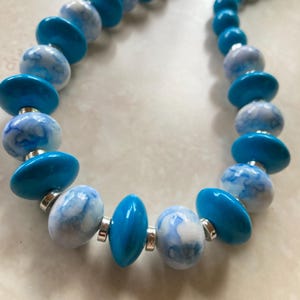 Blue, White and Silver Chunky Beaded Necklace, Unique Vintage Costume Jewelry, 18 inches, Fashion Jewelry, 70s Retro, Gift for Her,