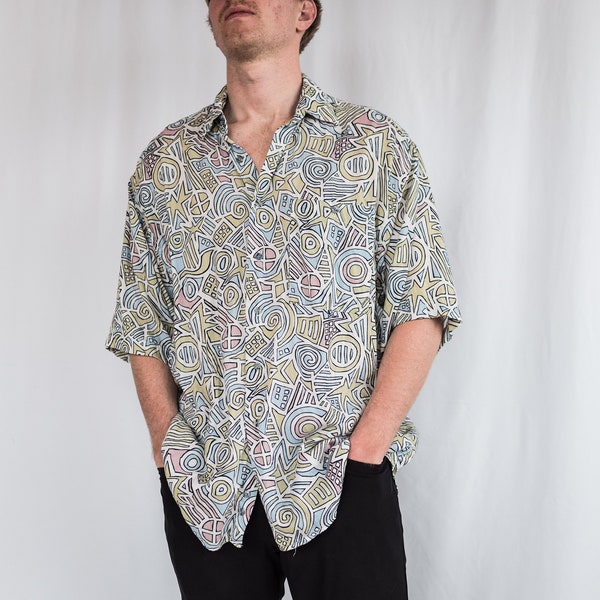 Vintage 80s 90s Color block Pattern Men's Shirt | Size XL | Button Up | Hipster Button down | y2k clothing | 90s beach shirt