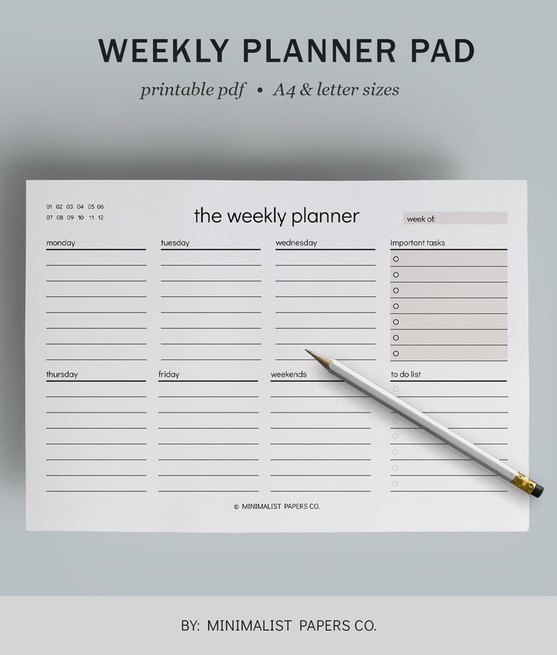 Weekly Horizontal Planner Pad Printable Weekly Desk Pad | Etsy