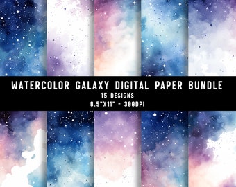 15 Watercolor Galaxy Digital Paper Cosmic Starscape Starry Night Journal Paper Junk Journal Wedding Invitation DIY Printable 8.5x11