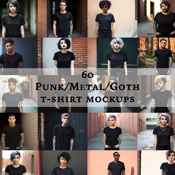 60 Punk Goth Metal T-Shirt Mockups Black T-Shirt Mock Ups Tattoo Mockup Occult Mockup Queer Mockup Diverse Mockup Goth T-Shirt Mockup