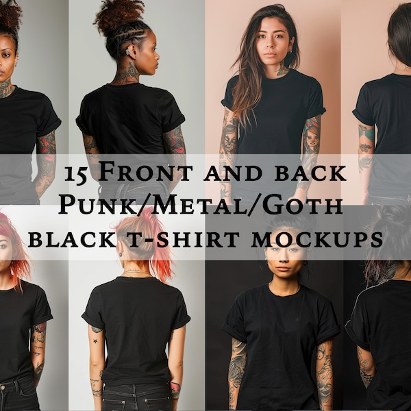 15 Goth Metal Punk Black T-Shirt Mockups Front and Back Womens T-Shirt Mock Ups Diverse Mockup Goth Mockup Plain Black T-Shirt Mockup